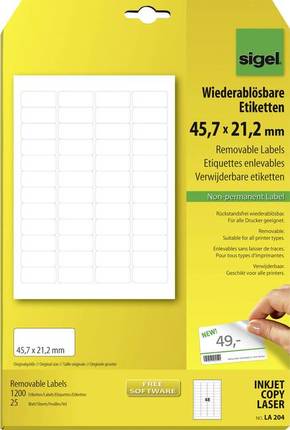 Sigel LA204 etikete 45.7 x 21.2 mm papir bijela 1200 St. ponovno ljepljenje univerzalne naljepnice 25 Blatt din a4