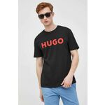 Pamučna majica HUGO boja: crna, s tiskom - crna. Široka majica kratkih rukava iz kolekcije HUGO. Model izrađen od tanke, elastične pletenine.