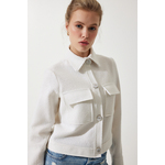 Happiness İstanbul Women's Off-White Stylish Buttoned Woven Tweed Jacket with Pockets siva